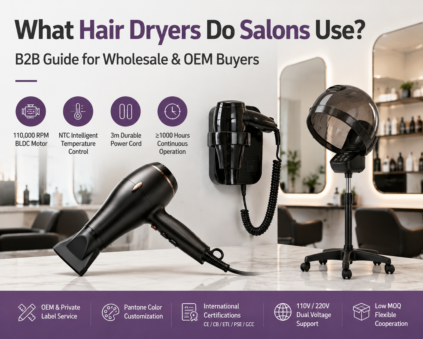 Professional Salon Hair Dryer Guide for Wholesale and OEM Buyers Professionelle Salon-Haartrocknerlösungen für Friseure, einschließlich Hand-, Wand- und Standtrockner für Groß- und OEM-Käufer