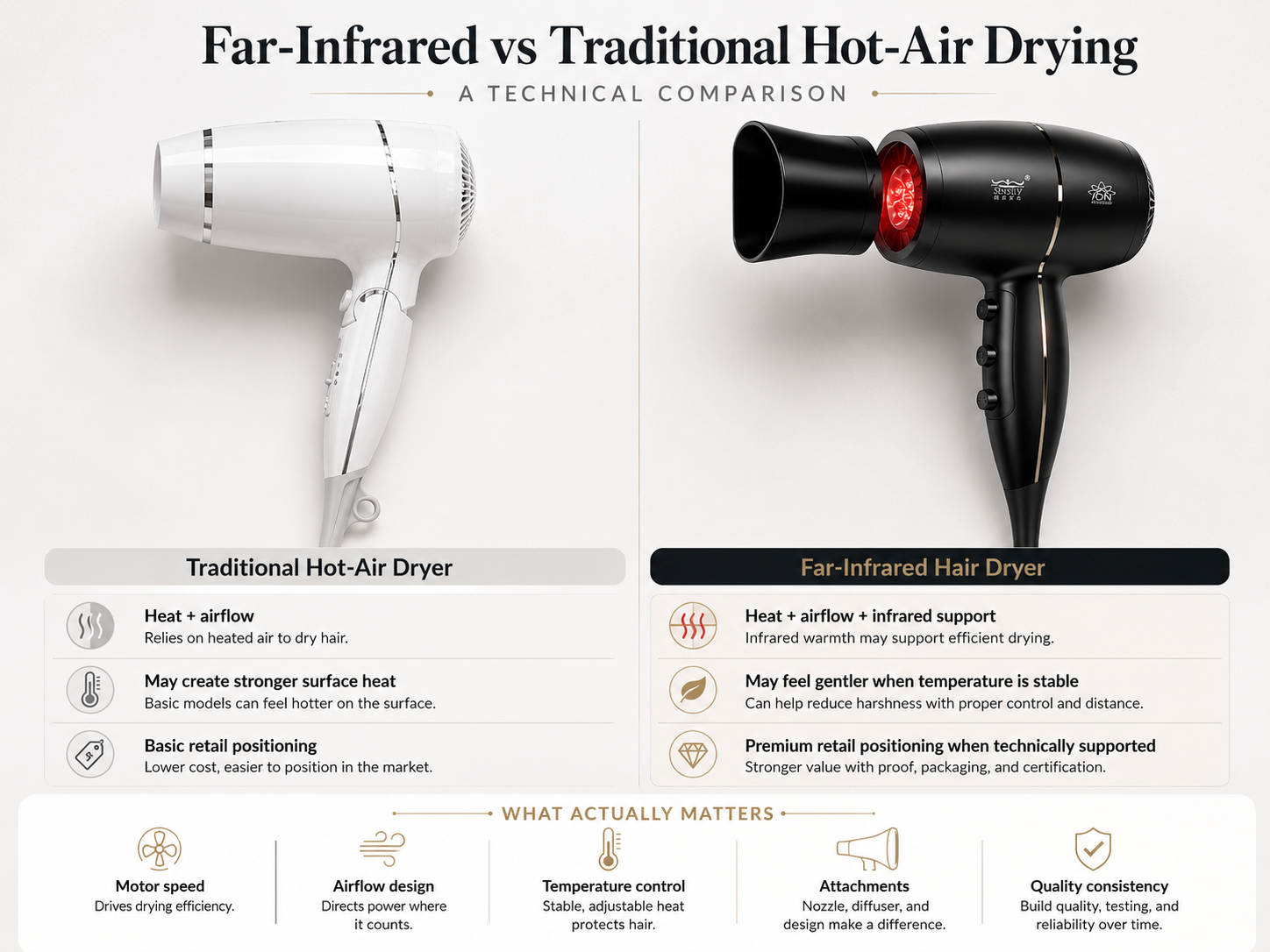 Far-Infrared vs Traditional Hot-Air Hair Dryer: Technical Comparison Far-infrared hair dryer vs traditional hot-air dryer comparison showing airflow, temperature control, attachments and quality consistency