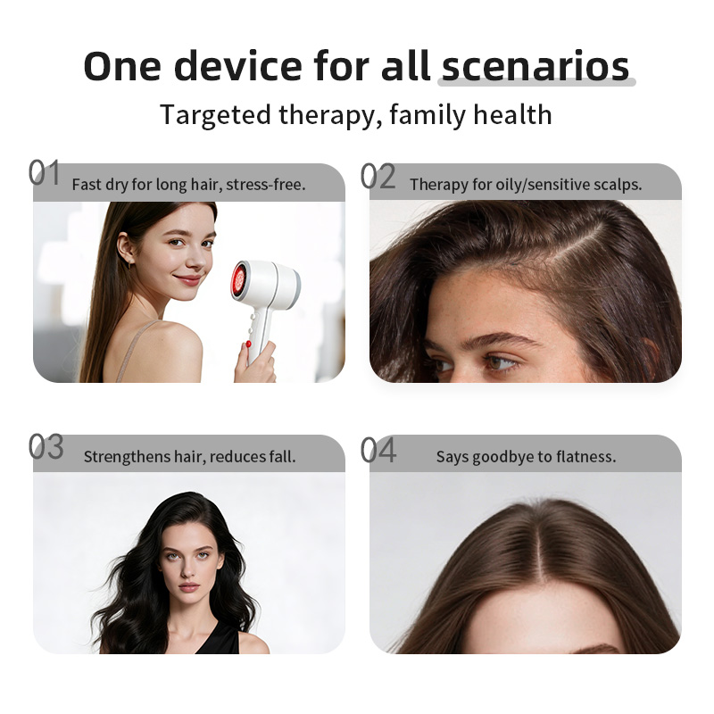 Showing common infrared hair dryer use cases, including long-hair drying, scalp comfort, smoother-looking hai.