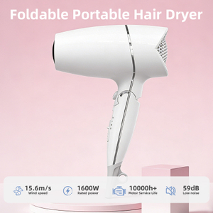 C181 compact foldable hair dryer with 1600W power, 15.6m/s airflow, 59dB low noise and foldable portable design
