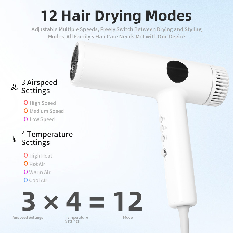 The BLDC brushless hair dryer features 3 air-speed settings and 4 temperature settings.