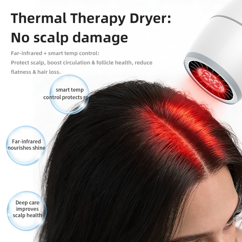 Illustration of infrared hair drying aimed at the scalp with temperature-control concept graphics.