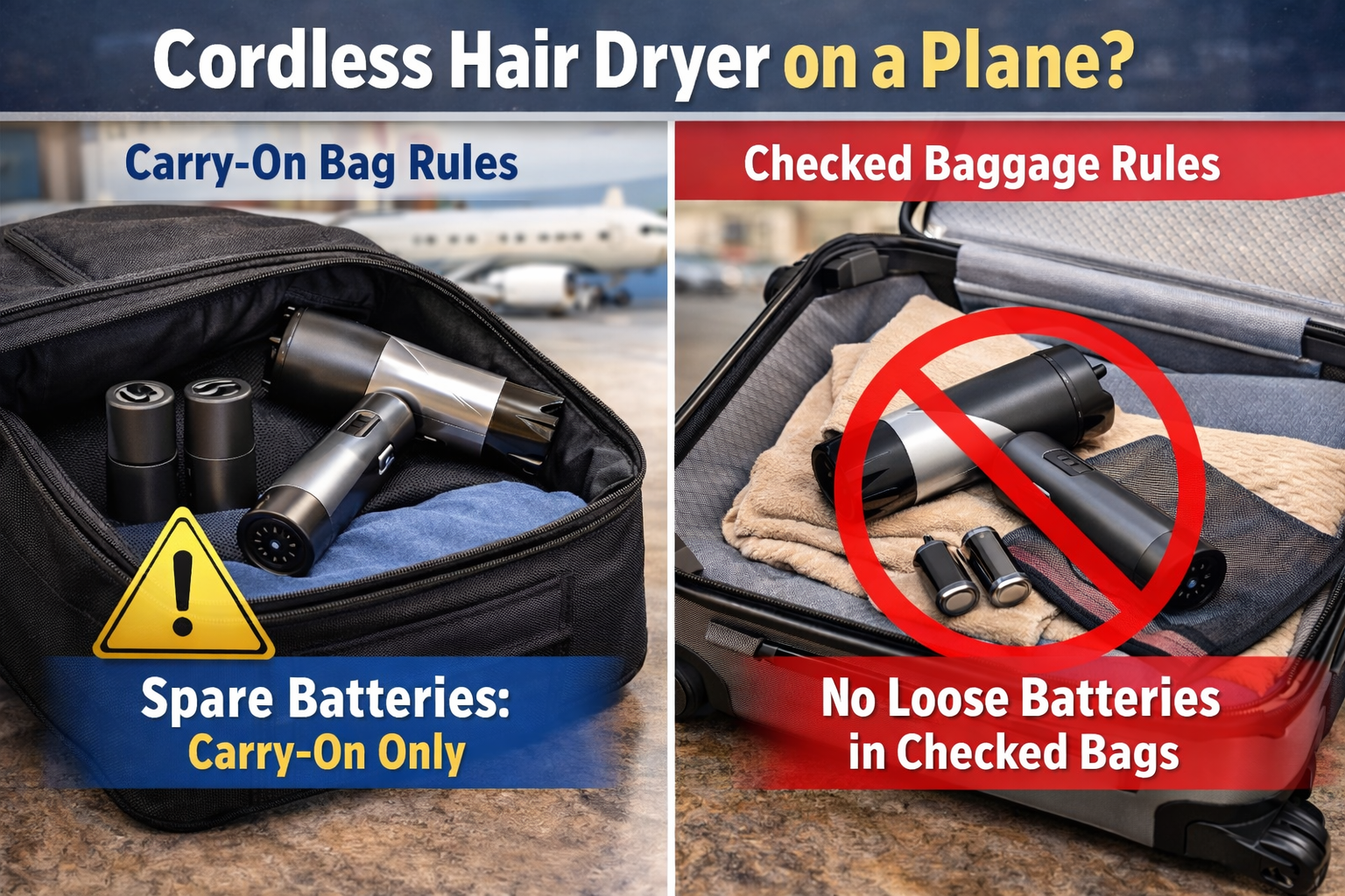 Cordless hair dryer on a plane with carry-on and checked baggage battery rules
