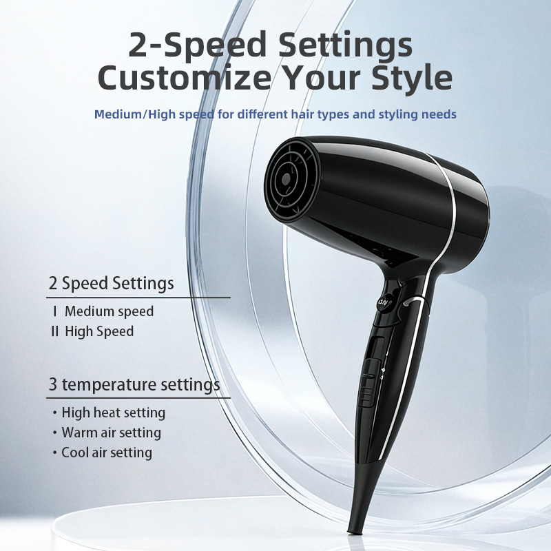 foldable travel hair dryer with 2 speed and 3 temperature settings