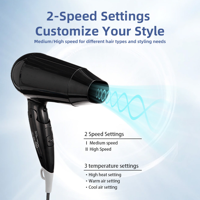 foldable hair dryer with 2 speed settings and 3 temperature settings