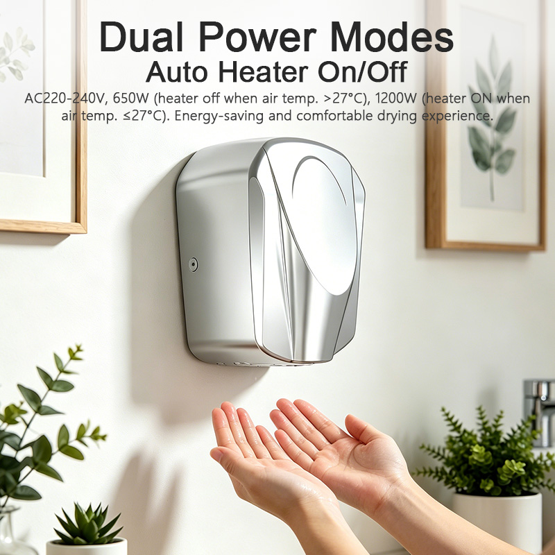 Automatic commercial hand dryer with dual power heater on off function