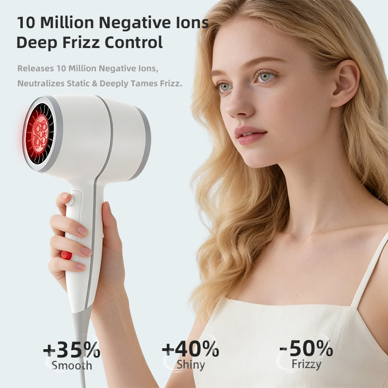 Demonstrating the anti-frizz benefits of the white infrared negative ion hair dryer.