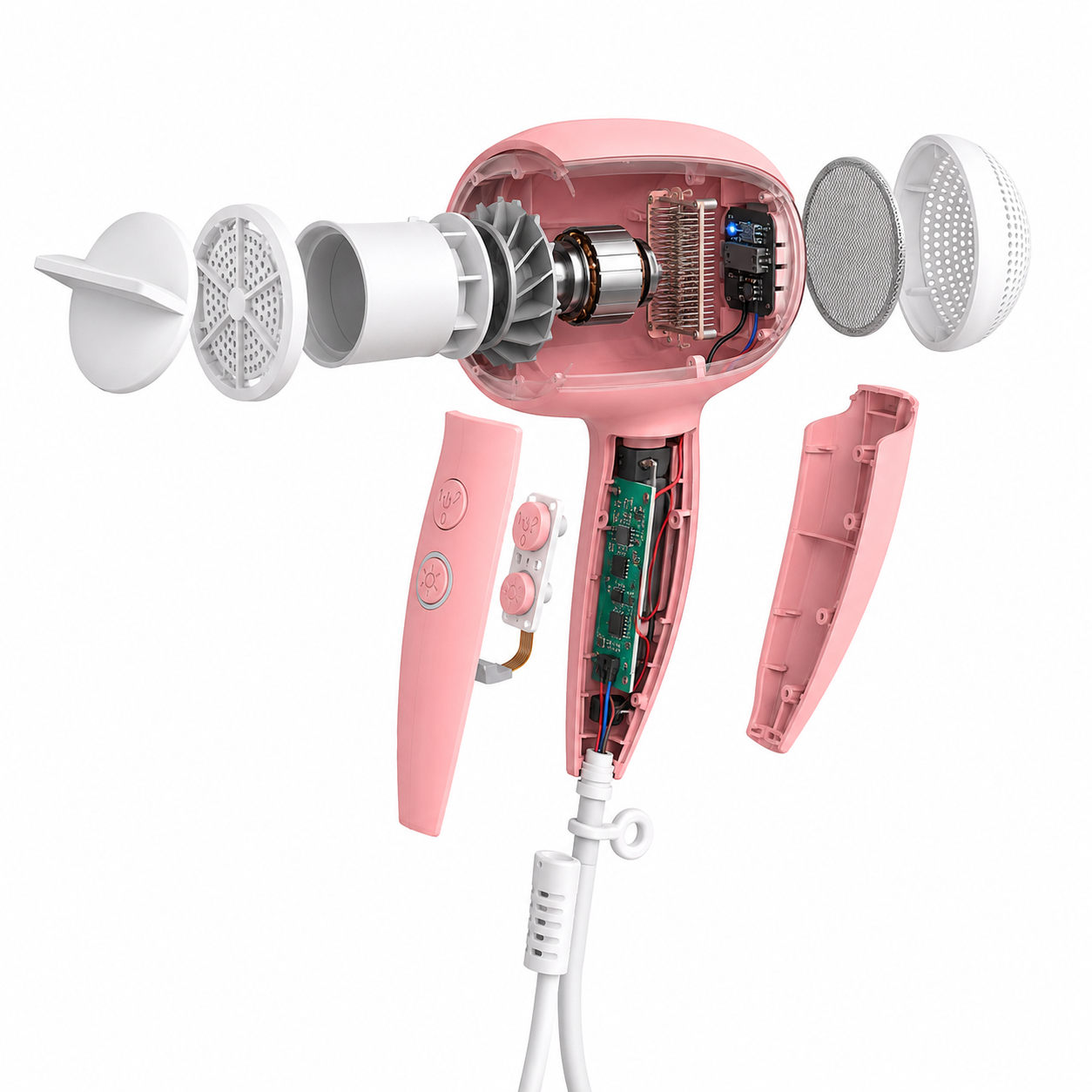 3D exploded view of a compact pink lightweight hair dryer showing internal brushless motor, fan impeller, heating element, negative ion generator, PCB board, and airflow path
