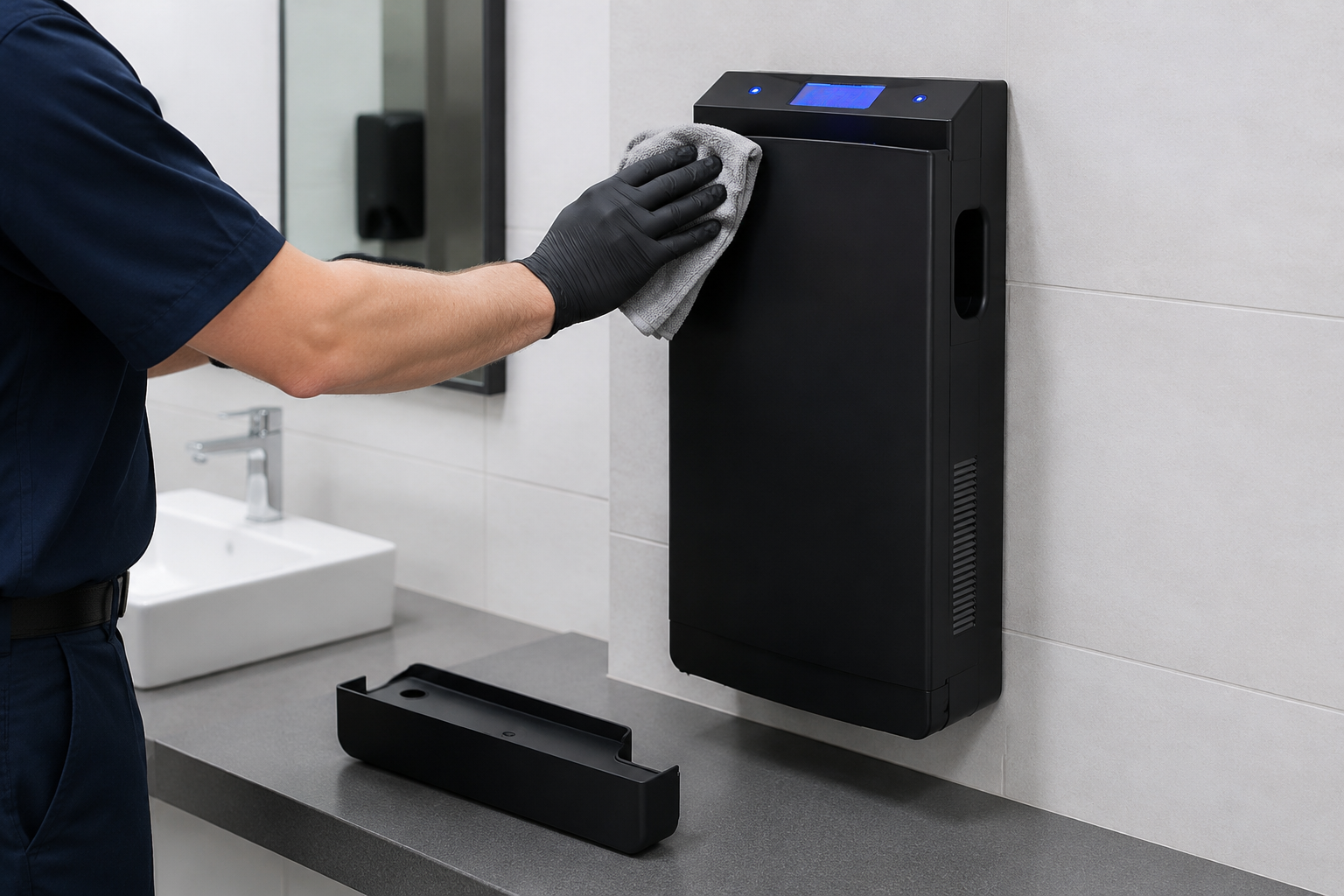 Facility technician following a commercial hand dryer maintenance checklist on the HUIPU SF-2030