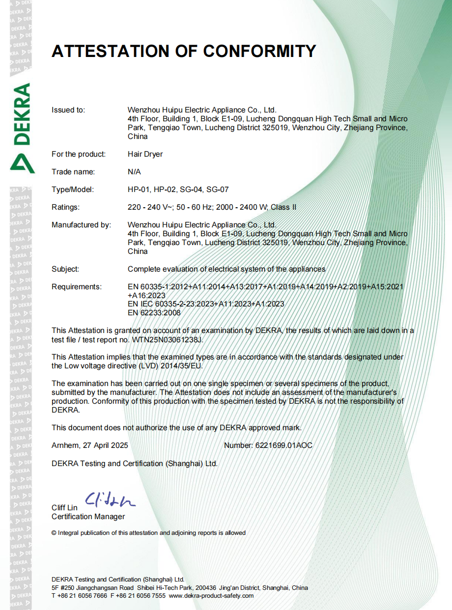 DEKRA LVD attestation for SG-07 EU hair dryer with 220–240V rating and Low Voltage Directive evaluation.