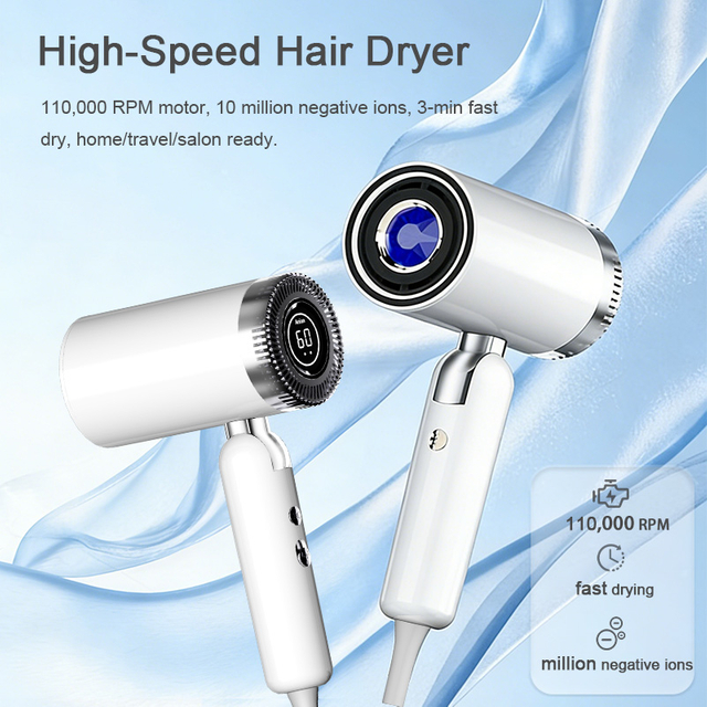 SG-09 High-Speed Hair Dryer with 110,000 RPM BLDC motor, 10 million negative ions, and fast drying technology in a sleek white design