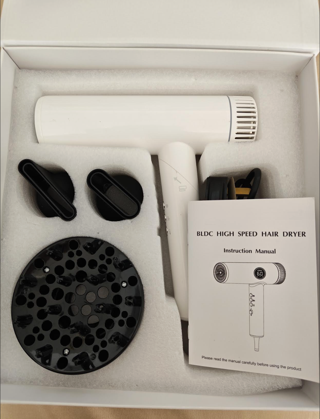 SG-04 professional BLDC hair dryer sample kit with nozzles, diffuser, manual and protective packaging for OEM buyers.