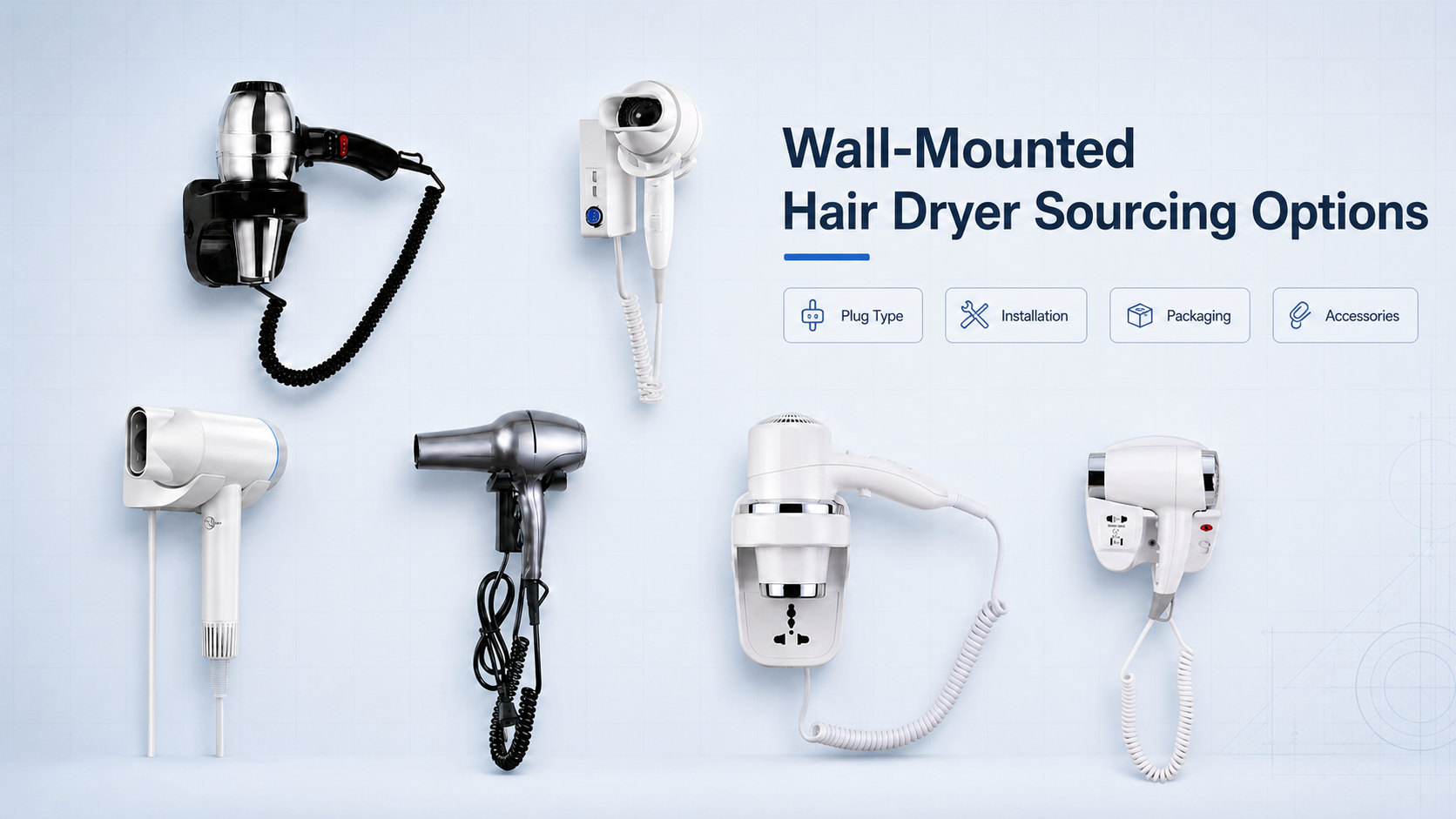Six wall-mounted hair dryer models compared by plug type, installation, packaging and accessories for hotel sourcing