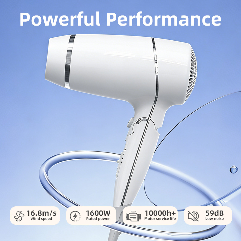 foldable ionic hair dryer with 1600W power 16.8m/s airflow and 59dB low noise