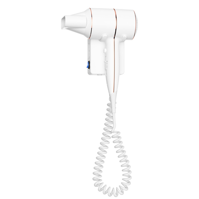 SG-01C wall mounted negative ion hair dryer with white ABS housing, base unit and coiled cord for hotel bathrooms.